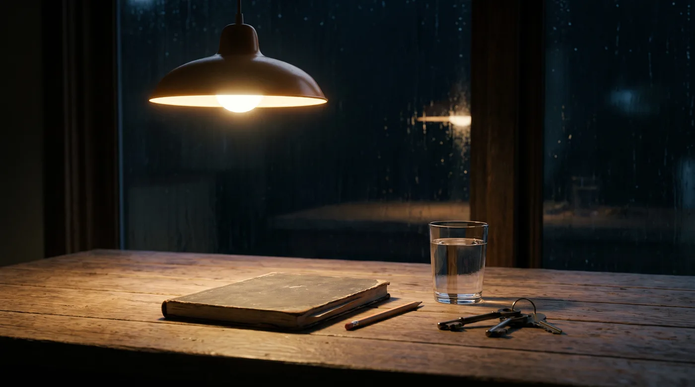Een keukentafel bij lamplicht met een dichtgeslagen schrift, een glas water en sleutels