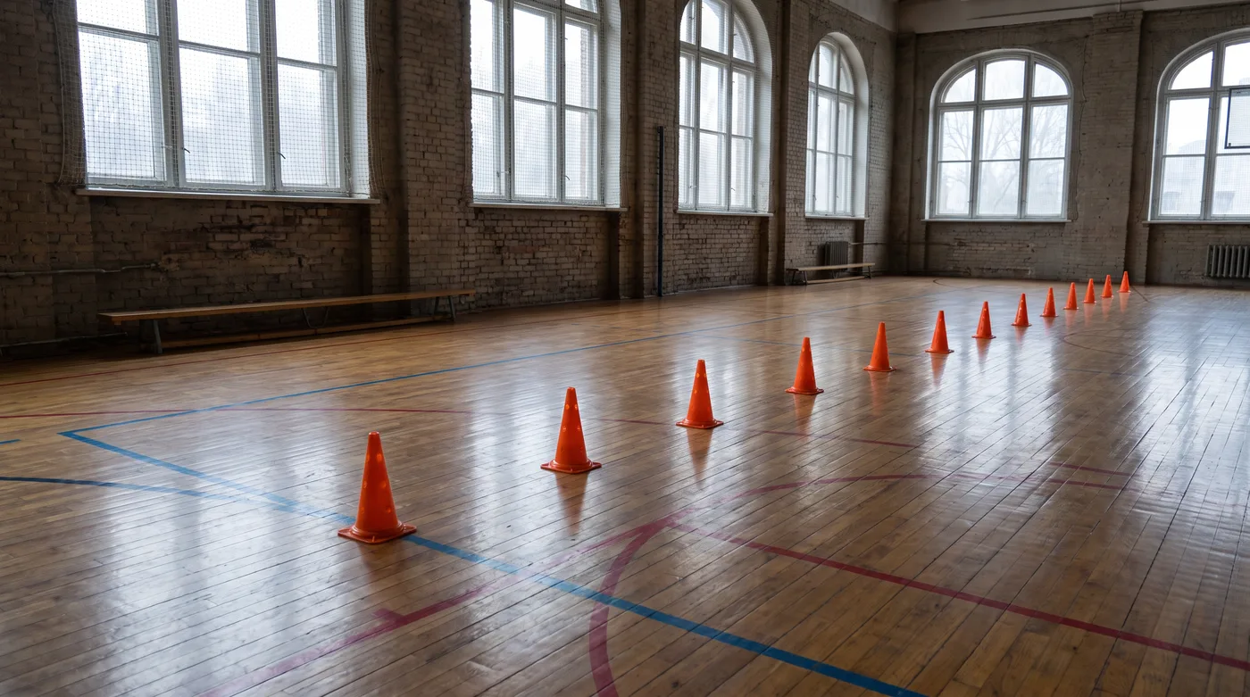 Een lege sportzaal met een rij oranje pylonen op de houten vloer