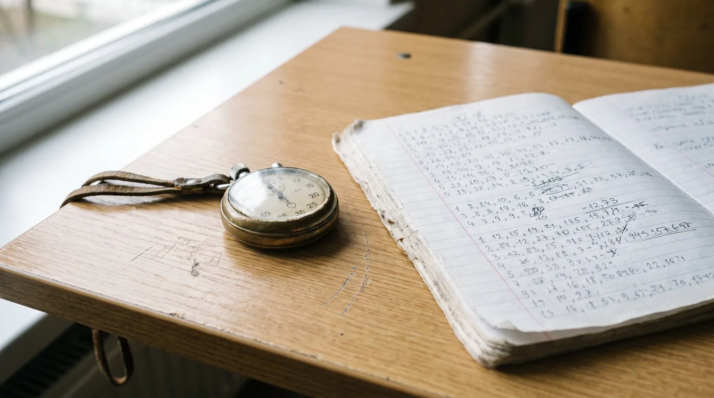 Een stopwatch naast een opengeslagen schrift vol handgeschreven cijferreeksen