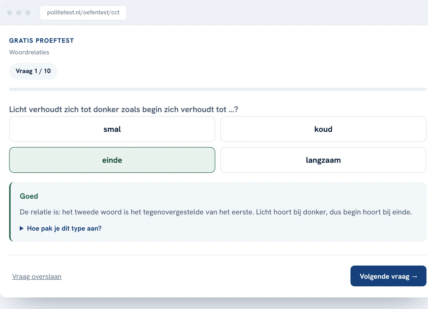 Een woordrelatie uit de oefentest met het juiste antwoord en de uitleg erbij