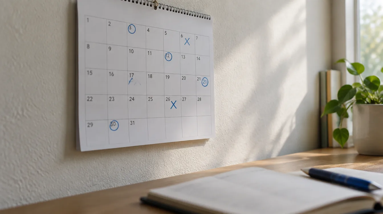 Een papieren maandkalender aan een muur met een paar dagen omcirkeld in blauwe pen