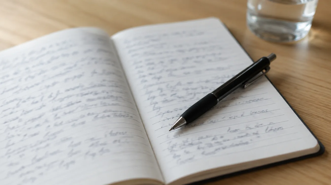 Een opengeslagen schrift met handgeschreven aantekeningen en een zwarte pen erop, op een houten tafel
