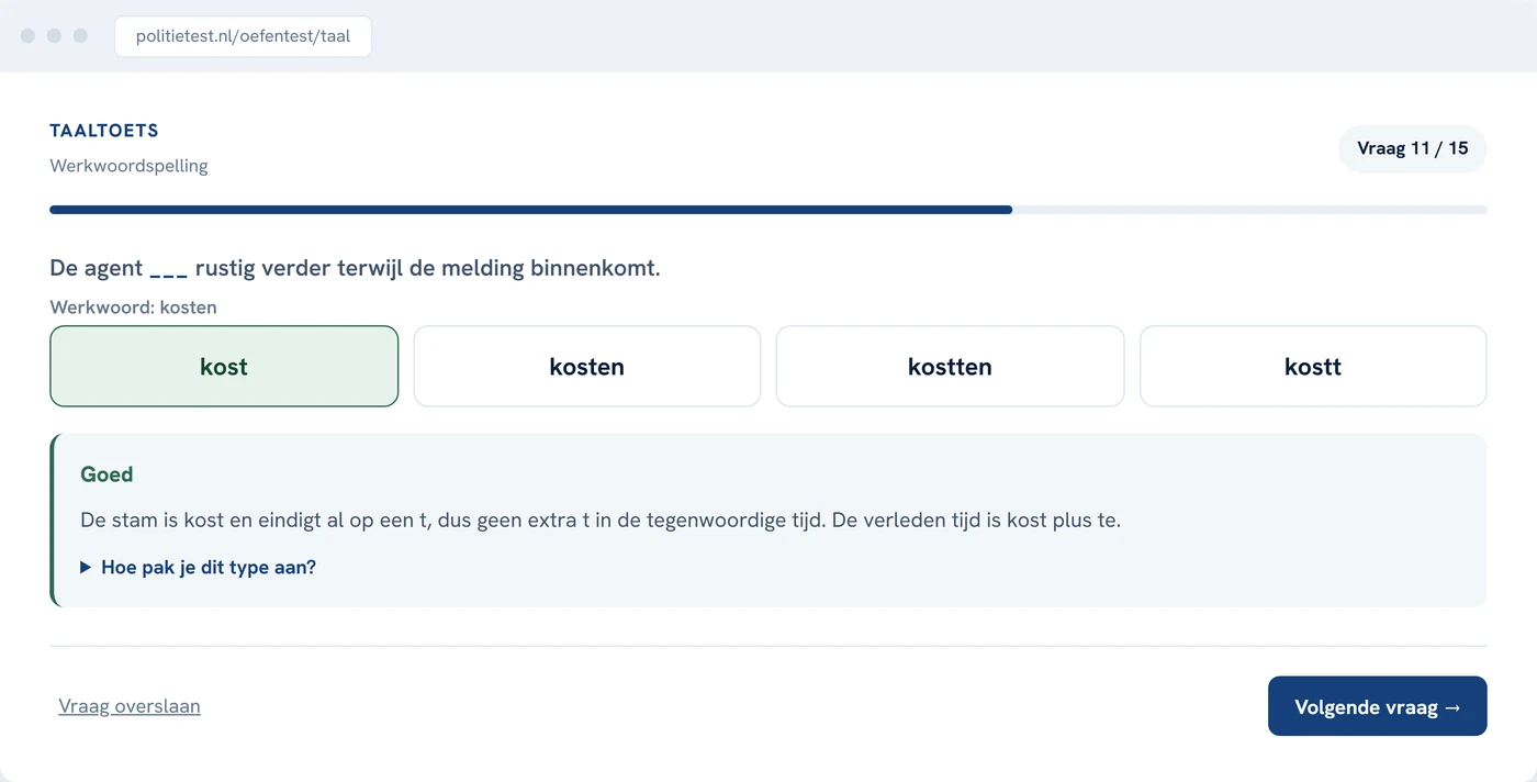 Schermafdruk van een oefenvraag werkwoordspelling, met vier opties en de uitleg eronder