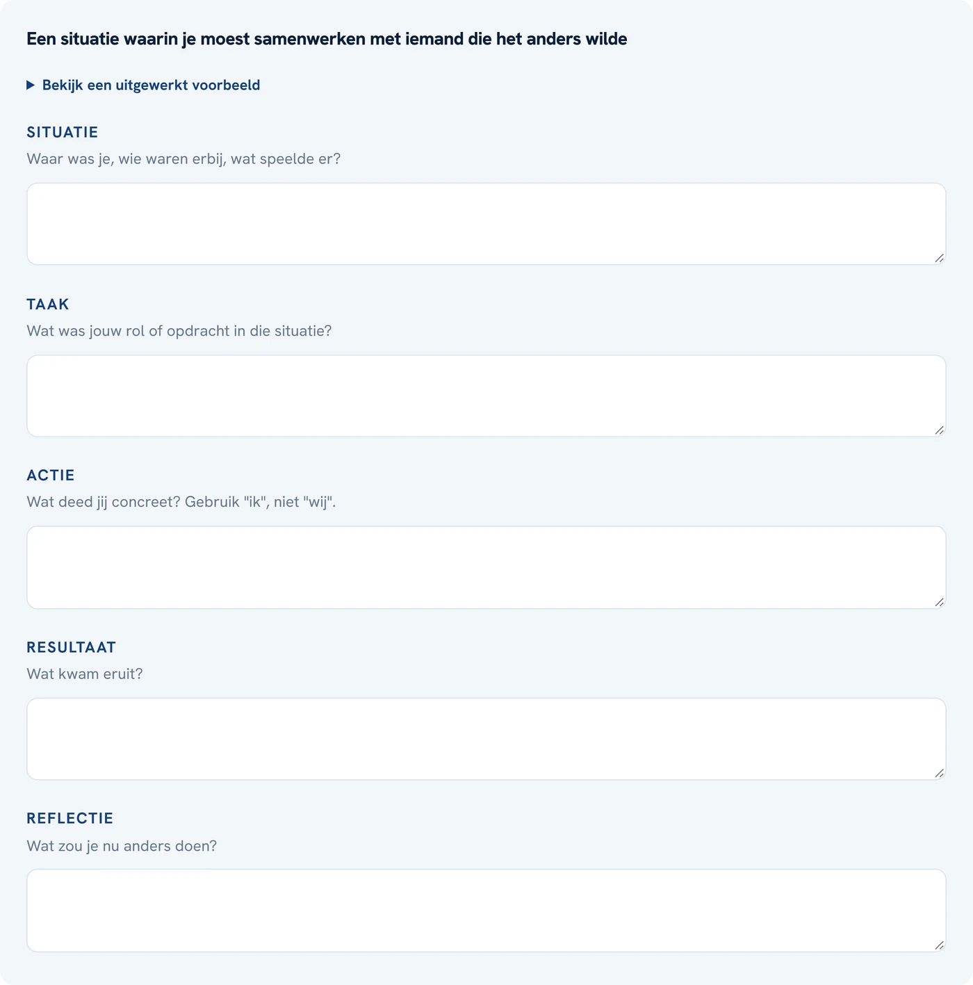 Schermafdruk van het werkboek met invulvelden voor situatie, taak, actie, resultaat en reflectie